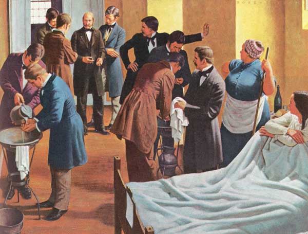 Semmelweiss overseeing young doctors washing their hands
